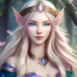 A half elven, draconic sorceress with ash blond hair and slight pink highlights