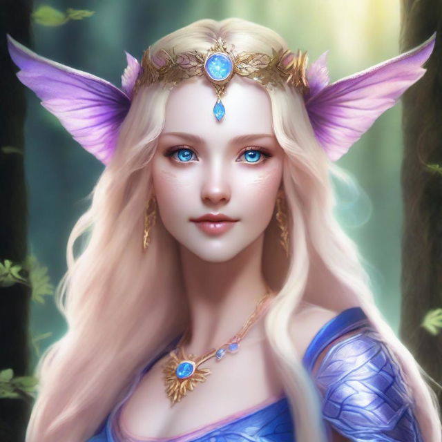 A half elven, draconic sorceress with ash blond hair and slight pink highlights