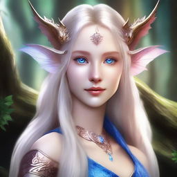 A half elven, draconic sorceress with ash blond hair and slight pink highlights