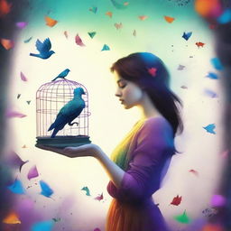 A book cover design featuring a young woman holding a small, colorful cage with a bird flying out of it