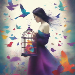 A book cover design featuring a young woman holding a small, colorful cage with a bird flying out of it