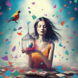 A book cover design featuring a young woman holding a small, colorful cage with a bird flying out of it