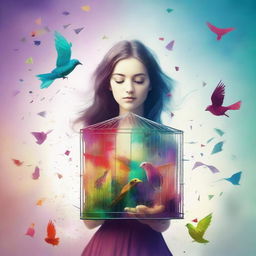 A book cover design featuring a young woman holding a small, colorful cage with a bird flying out of it