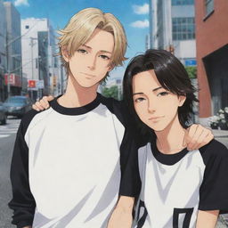 Anime-style illustration featuring Mikey and Takemichi from Tokyo Revengers together, showcasing their distinct personalities and bonds.