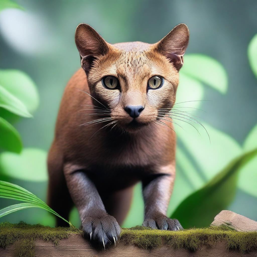 A jaguarundi facing forward with modern incrustations