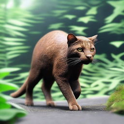 A jaguarundi facing forward with modern incrustations