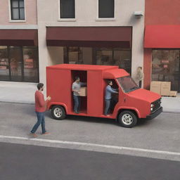 A 3D rendering of a man handing a box to another man inside a store. In the street outside the store, there's a red truck.