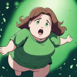 A scene depicting a chubby girl with brown hair and green eyes falling into an endless void