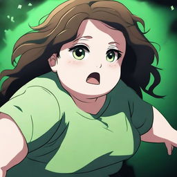 A scene depicting a chubby girl with brown hair and green eyes falling into an endless void