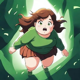 A scene depicting a chubby girl with brown hair and green eyes falling into an endless void