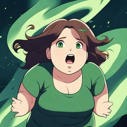 A scene depicting a chubby girl with brown hair and green eyes falling into an endless void