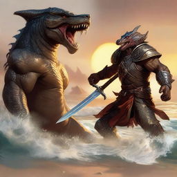 A detailed scene of a Dungeons & Dragons bronze dragonborn warrior engaged in a fierce battle with a wereshark on a sandy beach