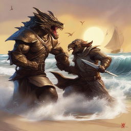 A detailed scene of a Dungeons & Dragons bronze dragonborn warrior engaged in a fierce battle with a wereshark on a sandy beach