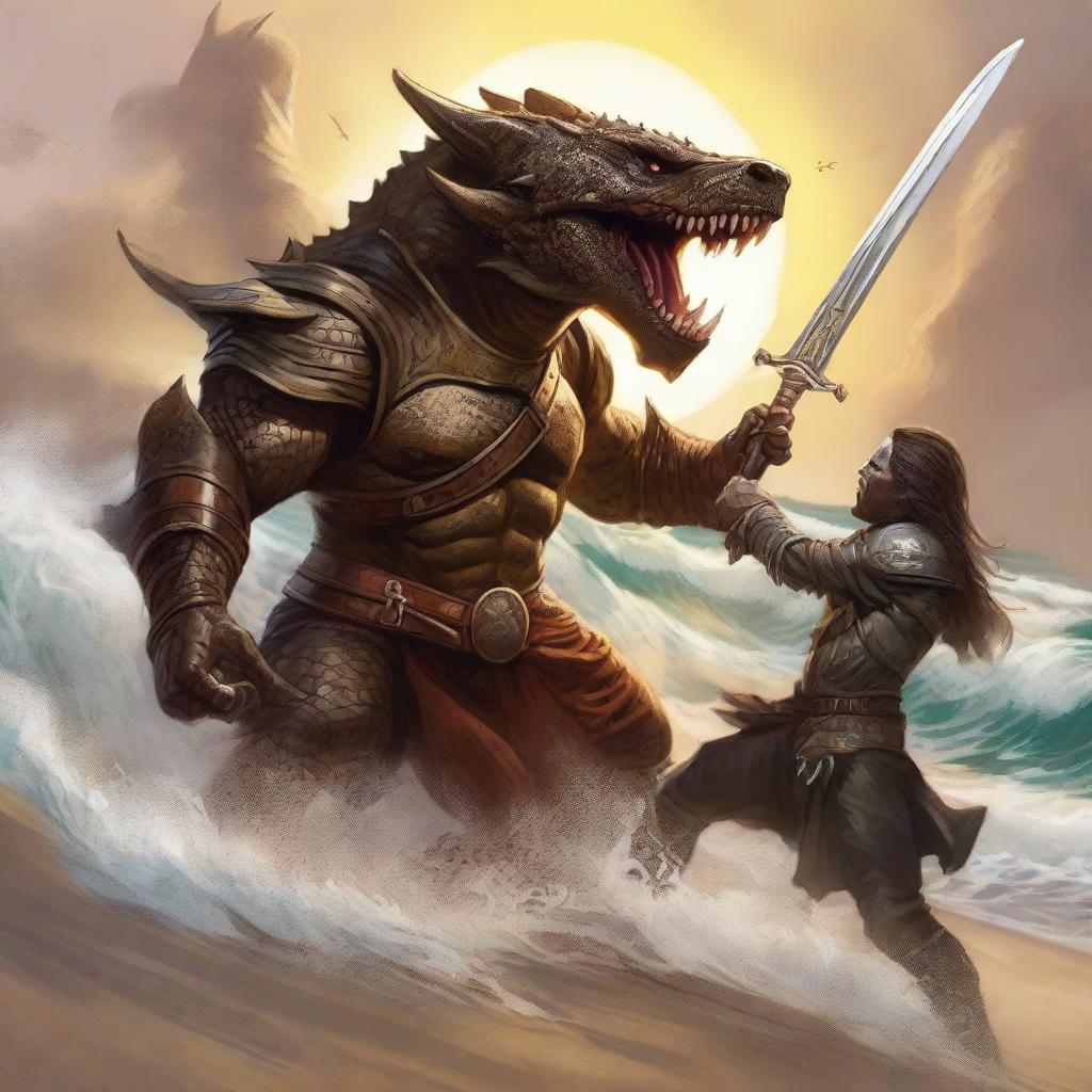 A detailed scene of a Dungeons & Dragons bronze dragonborn warrior engaged in a fierce battle with a wereshark on a sandy beach