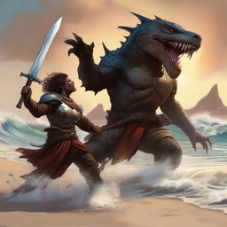 A detailed scene of a Dungeons & Dragons bronze dragonborn warrior engaged in a fierce battle with a wereshark on a sandy beach