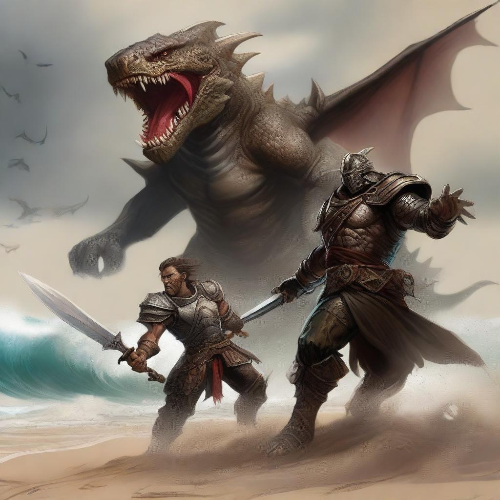 A detailed scene of a Dungeons & Dragons bronze dragonborn warrior engaged in a fierce battle with a wereshark on a sandy beach