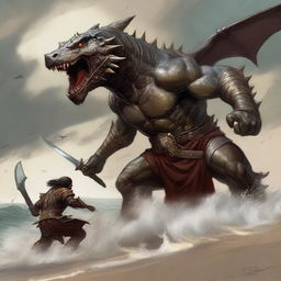 A detailed scene of a Dungeons & Dragons bronze dragonborn warrior engaged in a fierce battle with a wereshark on a sandy beach