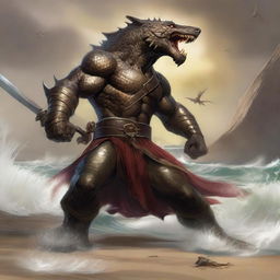 A detailed scene of a Dungeons & Dragons bronze dragonborn warrior engaged in a fierce battle with a wereshark on a sandy beach