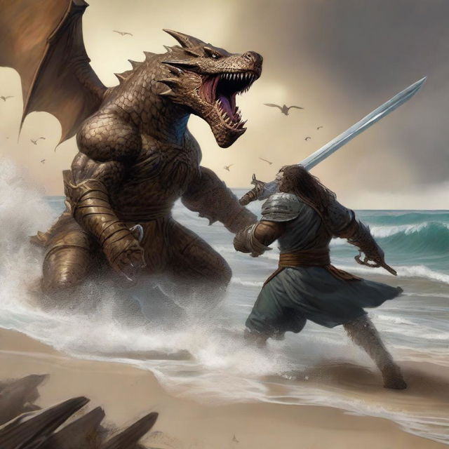 A detailed scene of a Dungeons & Dragons bronze dragonborn warrior engaged in a fierce battle with a wereshark on a sandy beach