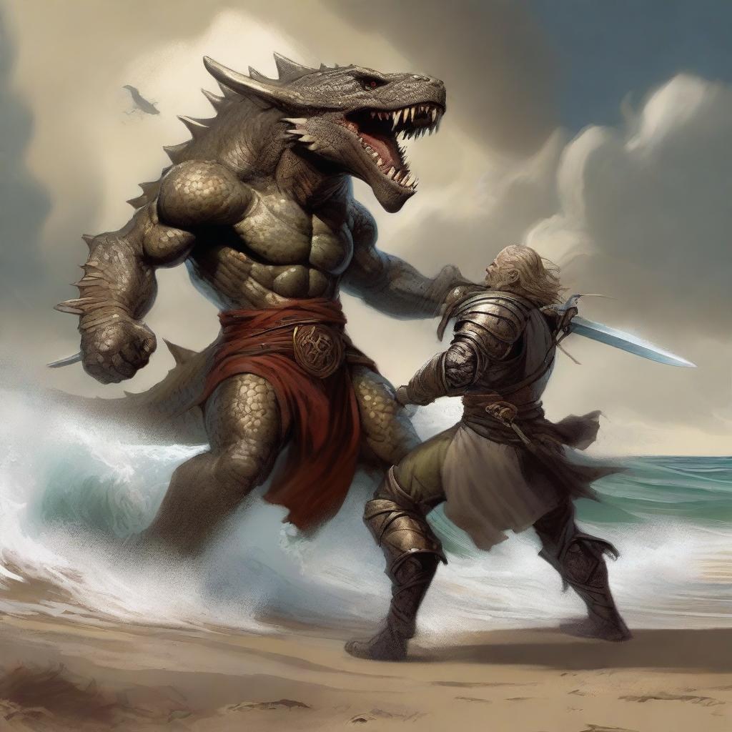 A detailed scene of a Dungeons & Dragons bronze dragonborn warrior engaged in a fierce battle with a wereshark on a sandy beach