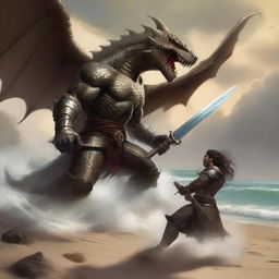 A detailed scene of a Dungeons & Dragons bronze dragonborn warrior engaged in a fierce battle with a wereshark on a sandy beach