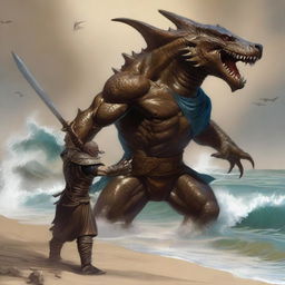 A detailed scene of a Dungeons & Dragons bronze dragonborn warrior engaged in a fierce battle with a wereshark on a sandy beach