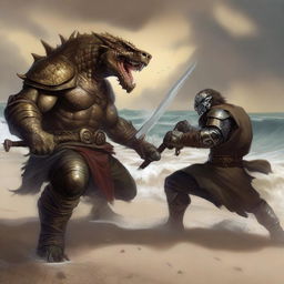 A detailed scene of a Dungeons & Dragons bronze dragonborn warrior engaged in a fierce battle with a wereshark on a sandy beach