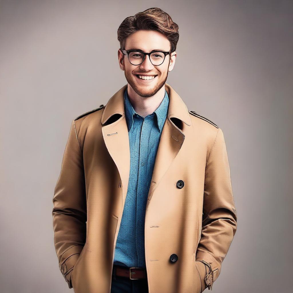 Create an image of a tall, handsome 26-year-old man with glasses and a lovely smile