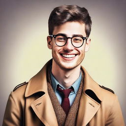 Create an image of a tall, handsome 26-year-old man with glasses and a lovely smile