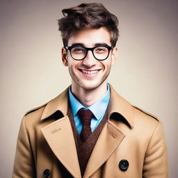 Create an image of a tall, handsome 26-year-old man with glasses and a lovely smile