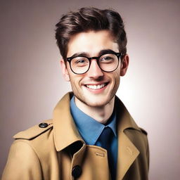 Create an image of a tall, handsome 26-year-old man with glasses and a lovely smile