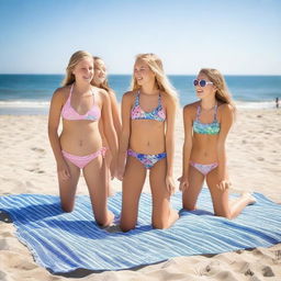 A group of 13-year-old girls wearing bikinis at the beach, enjoying the sunny weather, with the ocean in the background