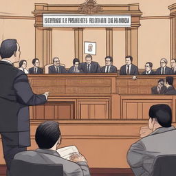 A dramatic courtroom scene where people are discussing legal actions against a political figure named Sánchez