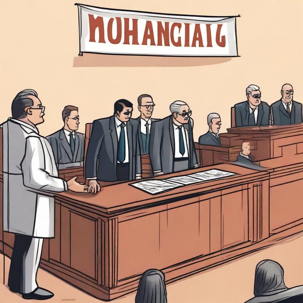 A dramatic courtroom scene where people are discussing legal actions against a political figure named Sánchez