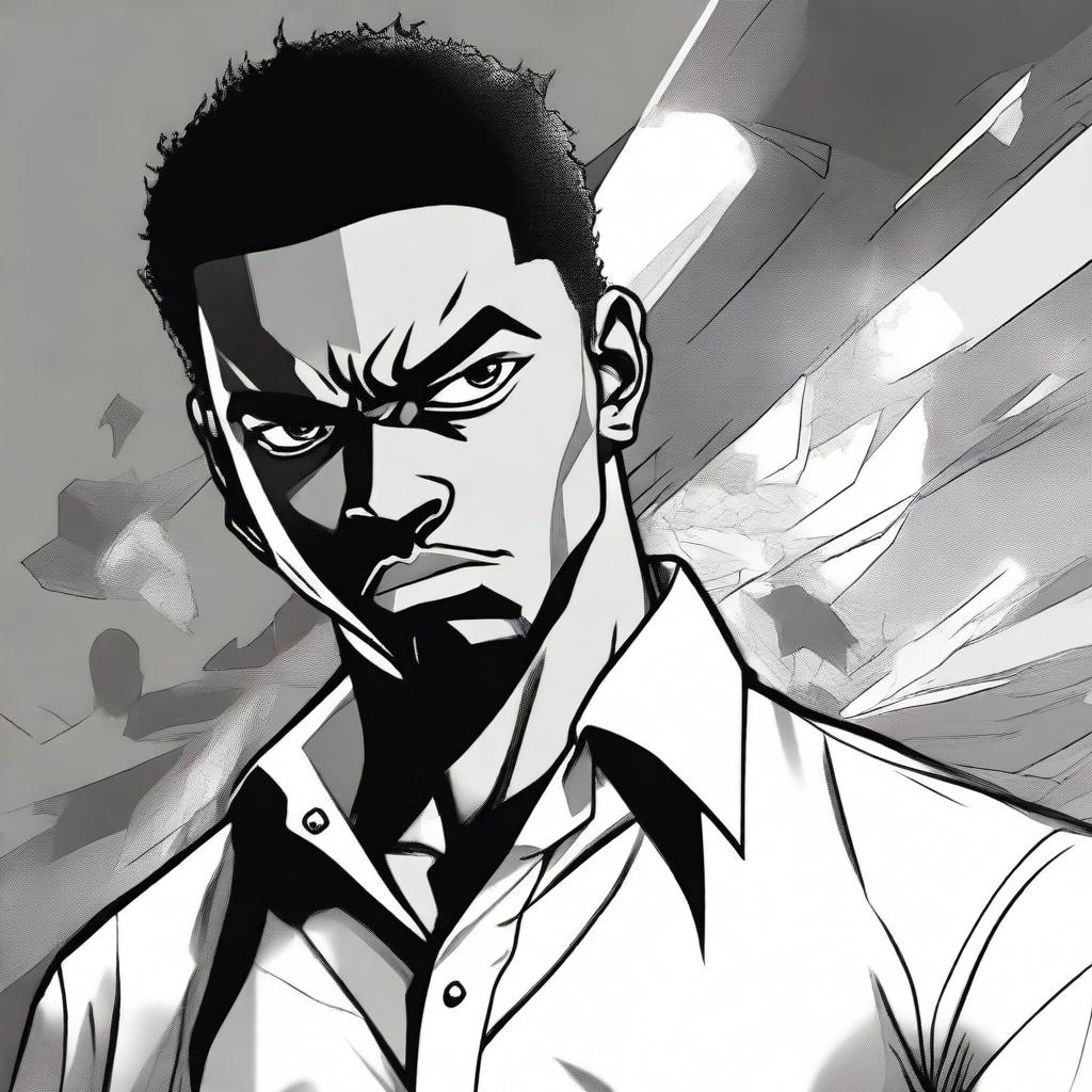 A black man trying to sabotage himself depicted in a dynamic manga style