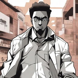 A black man trying to sabotage himself depicted in a dynamic manga style