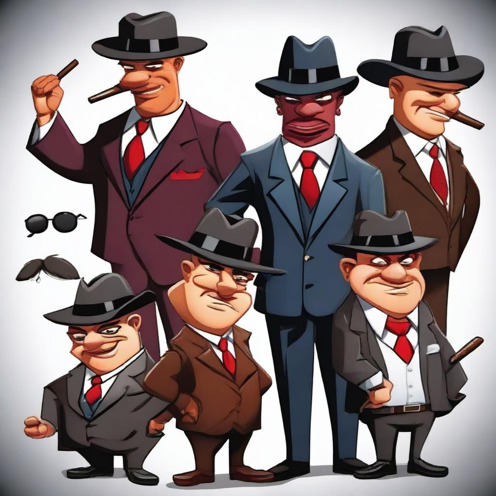 Create a vibrant and detailed illustration of cartoon characters dressed as gangsters