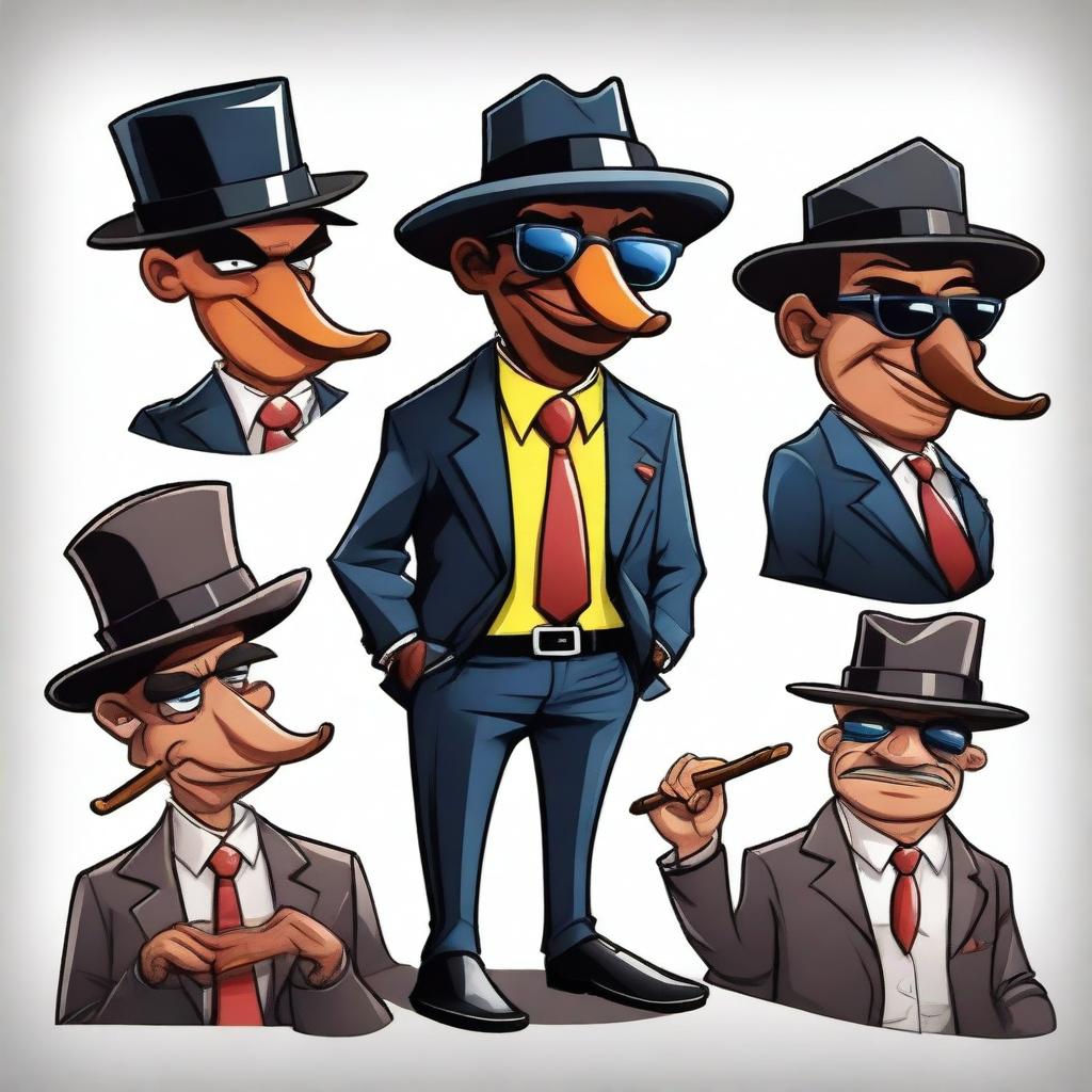 Create a vibrant and detailed illustration of cartoon characters dressed as gangsters