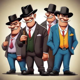 Create a vibrant and detailed illustration of cartoon characters dressed as gangsters