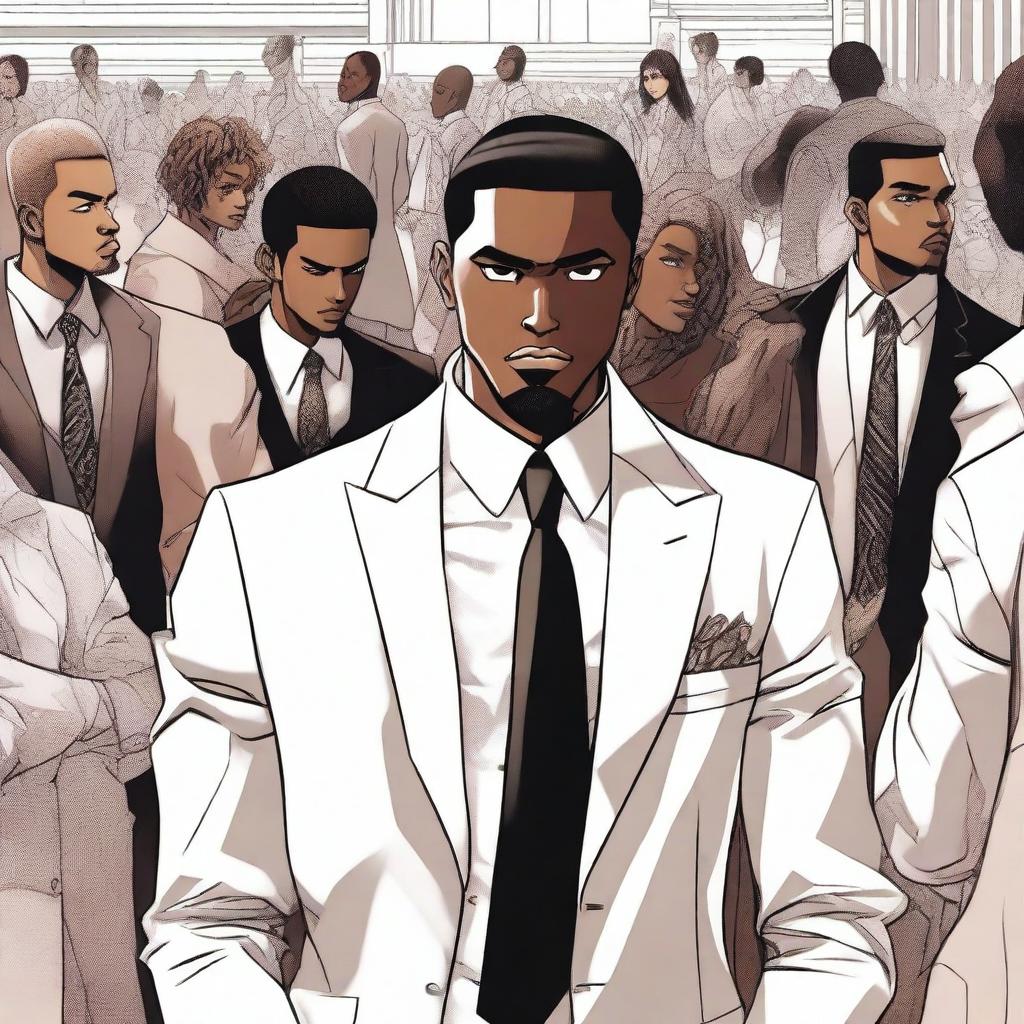 A black affluent man standing confidently, dressed in stylish high-end fashion, surrounded by a group of jealous people