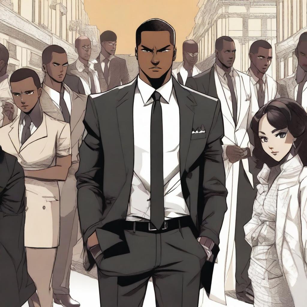 A black affluent man standing confidently, dressed in stylish high-end fashion, surrounded by a group of jealous people