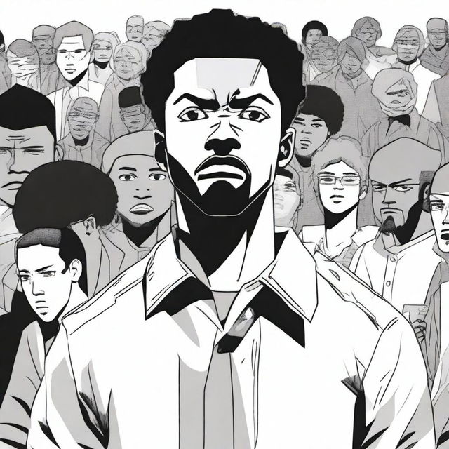 A black man standing in the center, surrounded by people judging him with disapproving expressions