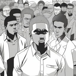 A black man standing in the center, surrounded by people judging him with disapproving expressions