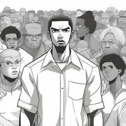 A black man standing in the center, surrounded by people judging him with disapproving expressions