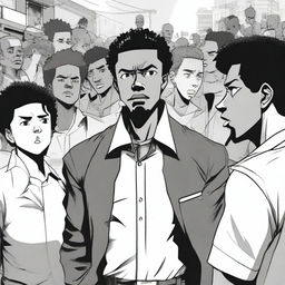 A black man standing in the center, surrounded by people judging him with disapproving expressions