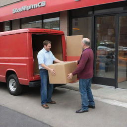 A three-dimensional image of a man giving a box to another man inside a store. Outside the store, on the street, is a red truck.