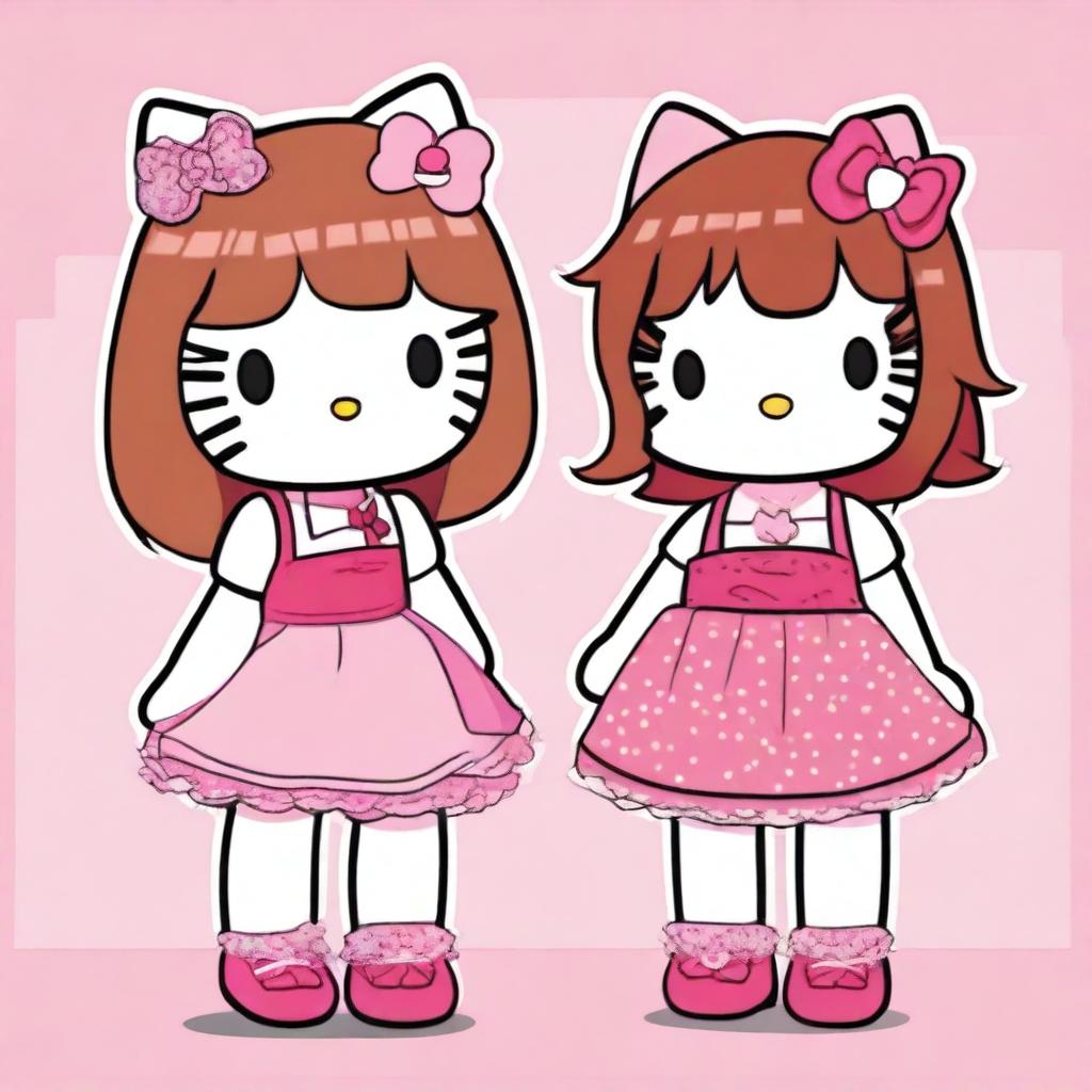 Two Hello Kitty characters, one with bangs and wavy, brown hair wearing a pink dress, and the other with bangs and red hair wearing oversized clothes