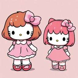 Two Hello Kitty characters, one with bangs and wavy, brown hair wearing a pink dress, and the other with bangs and red hair wearing oversized clothes