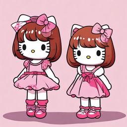 Two Hello Kitty characters, one with bangs and wavy, brown hair wearing a pink dress, and the other with bangs and red hair wearing oversized clothes