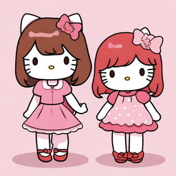 Two Hello Kitty characters, one with bangs and wavy, brown hair wearing a pink dress, and the other with bangs and red hair wearing oversized clothes